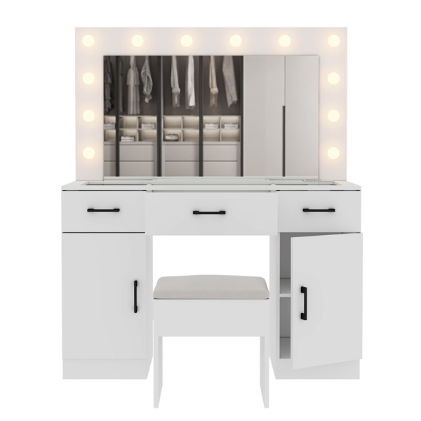 Vanity Desk Set with Large Lighted Mirror and Powre Outlet, Glass Top Makeup Vanity with 3 Drawers and 2 Cabinets, Vanity Table with 12 LED Lights, 3 Lighting Color Adjustable, White