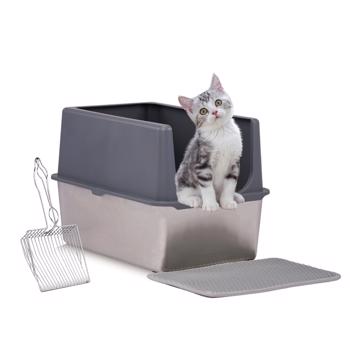 XXL Stainless Steel Cat Litter Box with Lid, Extra Large Litter Pan with High Sides, Easy Cleaning, Include Double Layer Litter Mat and Scoop, Gray