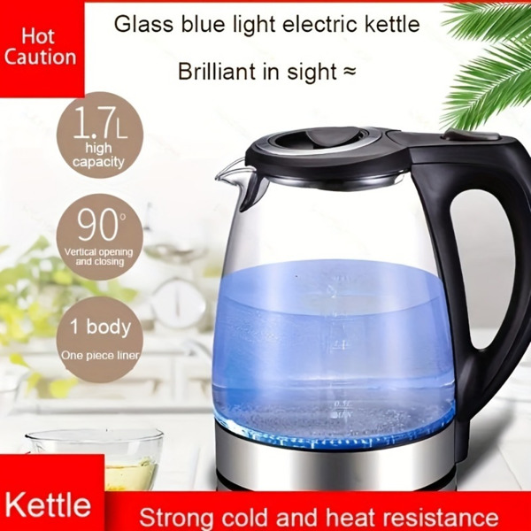 Electric Kettle with Stainless Steel Filter and Inner Lid, 1200W Wide Opening 1.7L Glass Tea Kettle & Hot Water Boiler Black