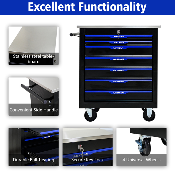 7 DRAWERS MULTIFUNCTIONAL TOOL CART WITH WHEELS-BLACK+BLUE