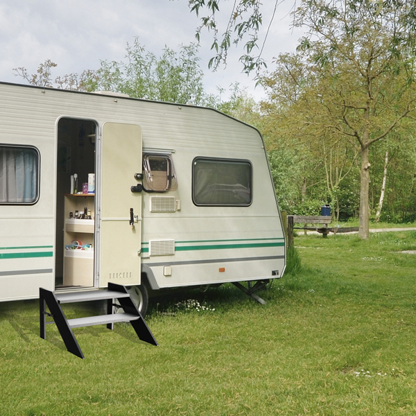 Leiter Klappbar, Trittleiter 2 Stufen Klappbar, Wohnwagen Trittstufe mit Höhenverstellbarem Handlauf und Rutschfesten Füßen, Multifunktionsleiter für Haus, Wohnmobil, Mobilheim, Spa, und Veranda