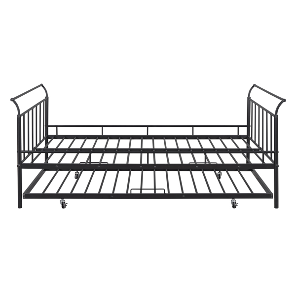 Full Size Metal Daybed with Curved Handle Design and Twin Size Trundle, Black