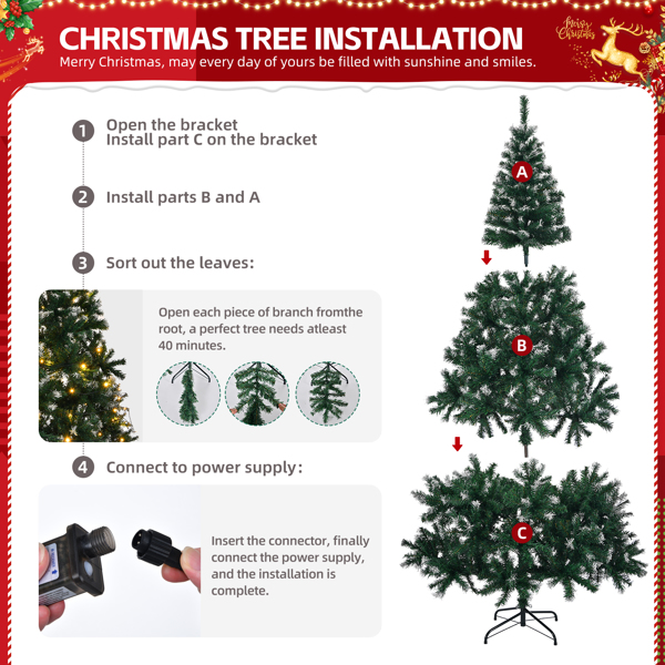 7 FT Snow Tipped Artificial Christmas Tree with DIY 150 Warm Lights, Remote Control, 1100 Branch Tips and Sturdy Metal Stand, Green & Snow Tipped