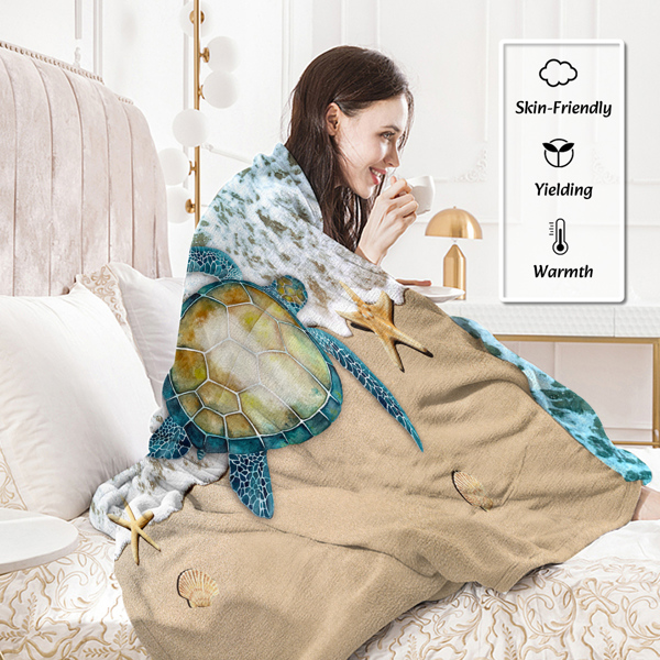 Sea Turtle Flannel Blanket Modern Coastal Ocean Beach Swirls Throw Blanket for Bed Sofa Couch Super Soft Lightweight Blue Ocean Animal Blanket 75*100cm