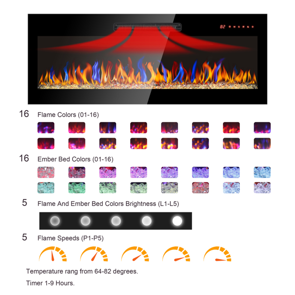 60 inch recessed ultra thin tempered glass front wall mounted electric fireplace with remote and multi color flame & emberbed, LED light heater