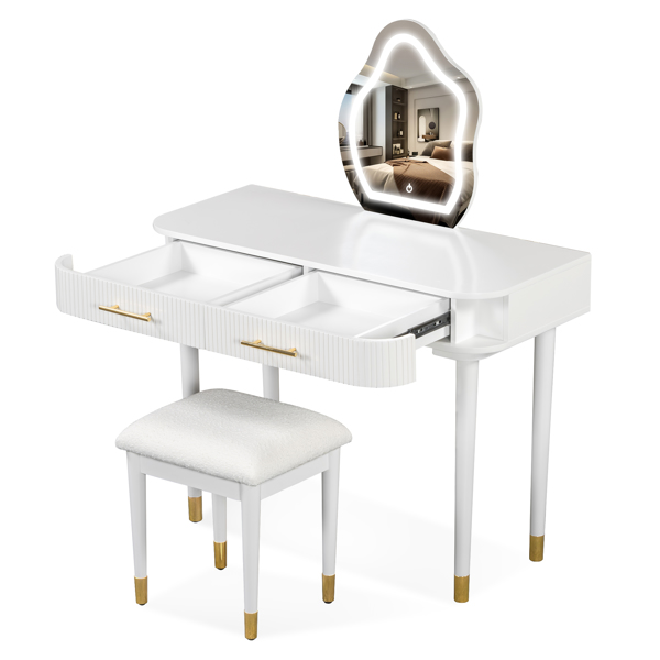 40" Modern Vanity Table Set with Mirror Touch Screen Lighted Mirror, Dressing Table and Cushioned Stool Set with 2 Large Drawers, White