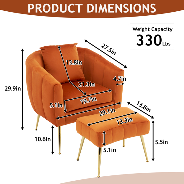 Velvet Accent Chair Set Barrel Chair with Ottoman Modern Club Chair Reading Armchair with Lumbar Pillow for Living Room, Bedroom, Study Room, Home Office Burnt orange