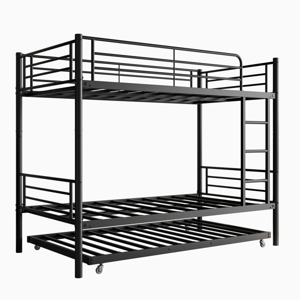 Twin Bunk Bed with Trundle Metal Bunkbeds with Ladder and Full-Length Guardrail, Noise Free, No Box Spring Needed, Black