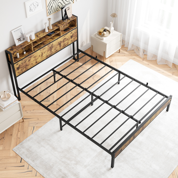 Queen Bed Frame with Storage Headboard, Metal Platform Bed with Charging Station,  Bookcase Storage, No Box Spring Needed, Easy Assembly, Noise-Free, Black