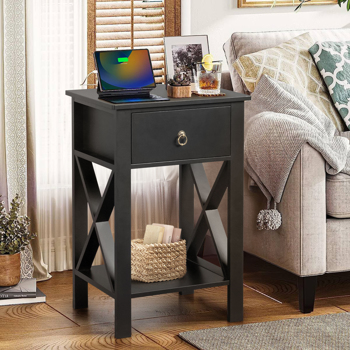 2PCS Side Intersection Style Bedside Table Coffee Table with Two-layer Drawer Black