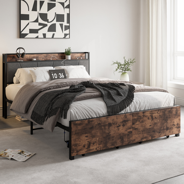 Queen Size Bed Frame, Storage Headboard with Charging Station and 2 Drawers, Solid and Stable, Noise Free, No Box Spring Needed, Easy Assembly, Vintage Brown and Gray