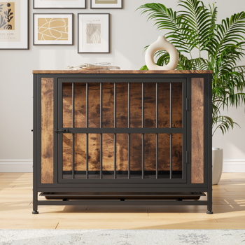 Dog Crate Furniture,  Wooden Dog Crate Table, 32.8\\" Dog Kennel with 2 Sliding Doors and Thick Iron Door Frame, Decorative Pet Crate House for Medium/Small Dog Indoor Use(Rustic Brown)