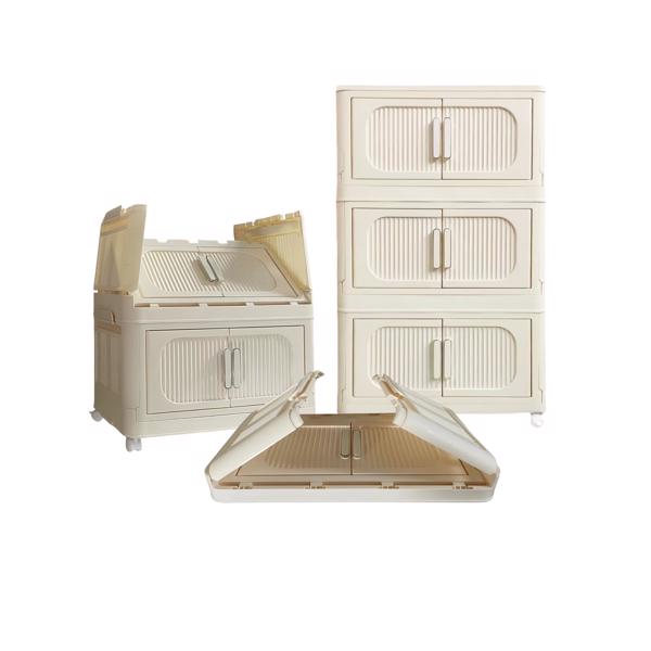 Cream White 19.69" Side Wide Folding Storage Cabinet ,3 Tiers,19.69"×11.81"×31.1",Collapsible Storage Bins with Magnetic Door, Plastic Storage Cabinet with Wheels