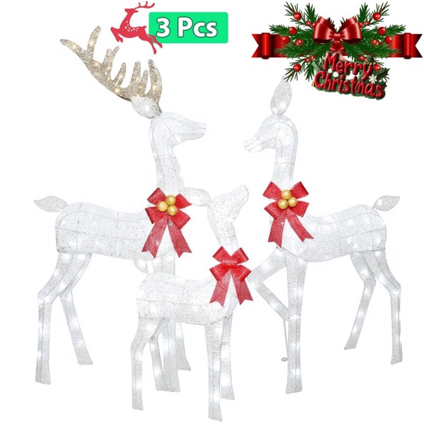 3-Piece Lighted Christmas Deer Set, 5Ft Large Outdoor Lighted Deer Set for Indoor Christmas Decor, White