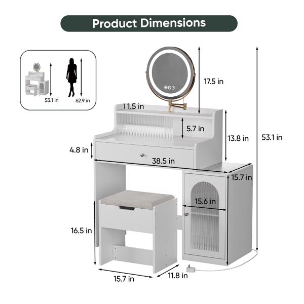 White Vanity Desk with 360° Rotated Mirror and Adjustable Lights, Girls Makeup Vanity Table with Storage Chair and Side Cabinet with Waveform Glass Doors, Dressing Table with Drawer for Bedroom