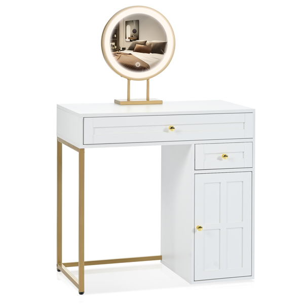 31.5'' Makeup Vanity Desk with Lighted Mirror, Luxury Dressing Table with 2 Drawers and 1 Cabinet, 3 Lighting Modes Available for Bedroom, White-ld（stool not included）