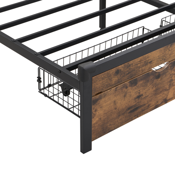 King Size Metal Platform Bed Frame with Wooden Headboard and with Footboard USB,Charging Station,2 Drawers,storage, LED Lights, No Box Spring Needed, Easy Assemble