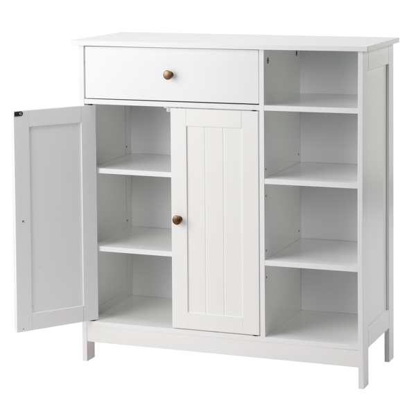 Double-Door Bathroom Cabinet with 2, Adjustable Panels, 1 Drawer and 3 Side Shelves, White 