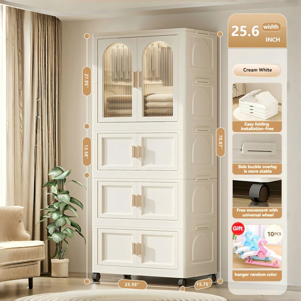 25.59" Side Wide Folding Wardrobe , 25.59"×15.75"×70.87 ", with Magnetic Door, Plastic Storage Cabinet with Wheels(One layer of wardrobe + Three  layers of folding boxes+10 hangers )