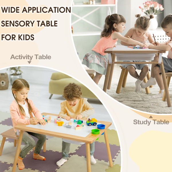 Children's Sensory Table with Stool, Kids Activity Table with 2 Storage Bins & 2 Pen Holders & Paper Roll, Multifunction Toddler Table for Play Study Dining Reading Arts Crafts, Wood