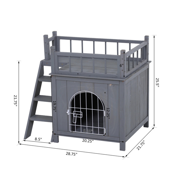 Grey 2-Level Wooden Cat House with Lockable Wire Door 