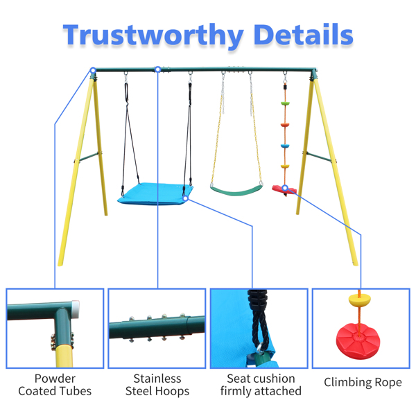 Indoor/Outdoor Metal Swing Set with Safety Belt for Backyard