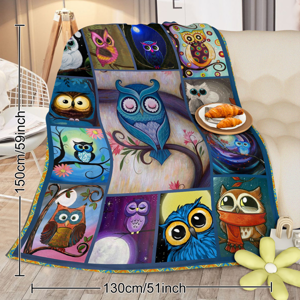 Moon Owl Flannel Fleece Blanket Cozy Fuzzy Warm Flannel Blanket Cute Night Owl Blanket Soft Plush Throw Blanket for Owl Lovers 50*60 Inches