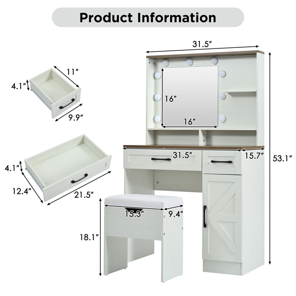 农舍化妆梳妆台，带镜子和灯，3 种照明模式，梳妆台套装带凳子，梳妆台带可调节搁板，2 个抽屉和卧室侧柜，白色-3