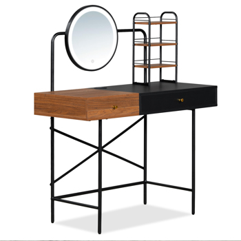 40\\" Makeup Vanity Desk with 3-Mode Lighted Mirror & Wireless Charging Station , Vanity Table with Drawer & 3 Open Shelves for Ample Storage Space, Dressing Table for Bedroom, Black(No stool included)