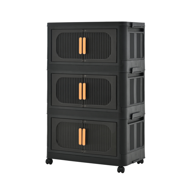 Black,19.69" Side Wide Folding Storage Cabinet ,3 Tiers,19.69"×11.81"×31.10",Collapsible Storage Bins with Magnetic Door, Plastic Storage Cabinet with Wheels