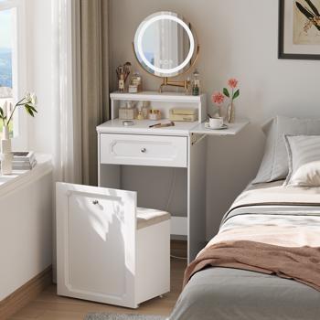 White Makeup Vanity Desk  with Round Mirror and Lights, 2 in 1 Nightstand, Dressing Table with a Chair