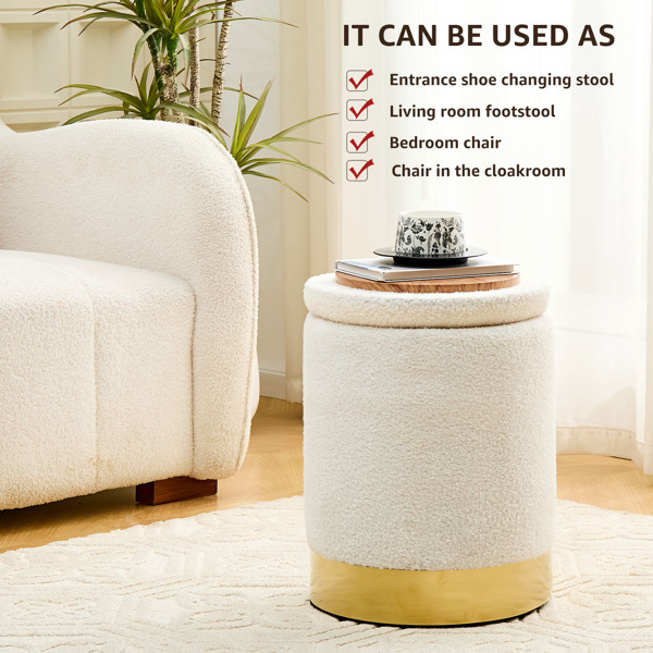 Teddy Velvet Storage Ottoman Multipurpose Footrest Stool with Metal Base Modern Round Vanity Stool Chair Ottoman Foot Stools Support 300lbs Padded Seat for Living Room & Bedroom White