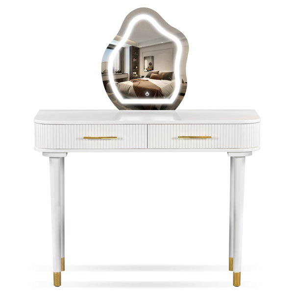 40" Modern Vanity Table Set with Mirror Touch Screen Lighted Mirror, Dressing Table and Cushioned Stool Set with 2 Large Drawers, White