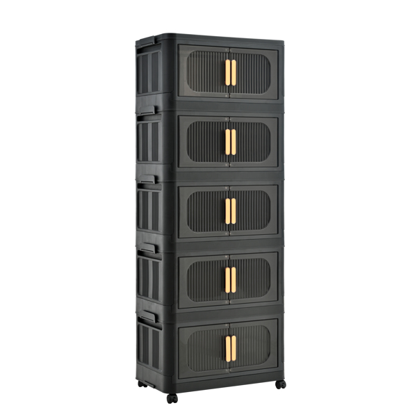 Black,19.69" Side Wide Folding Storage Cabinet ,5 Tiers,19.69"×11.81"×50.00",Collapsible Storage Bins with Magnetic Door, Plastic Storage Cabinet with Wheels