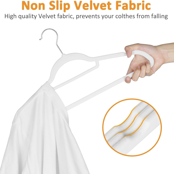 White Velvet Hangers, 60 Pieces, Space Saving Hangers, Non-slip Felt Hangers with Tie Clips, Shoulder Recesses, Heavy Duty Suit Hangers for Coats, Shirts, Pants