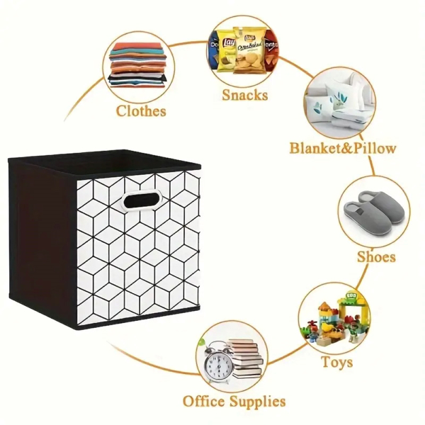 Fabric storage cube storage box, 6-piece set, strong polyester fabric, particleboard side, buckle front handle, stackable and foldable, classic design