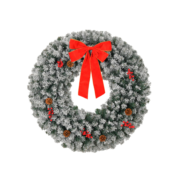 24in Pre-lit Battery Powered Christmas Wreath with Remote, Lighted Snow Flocked Artificial Xmas Wreath with 50 Warm Lights and 180 PVC Tips and Ornaments, for Front Door Gate Wall Party Deco