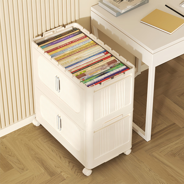 Cream White,19.69" Side Wide Folding Storage Cabinet ,5 Tiers,19.69"×11.81"×50.00",Collapsible Storage Bins with Magnetic Door, Plastic Storage Cabinet with Wheels