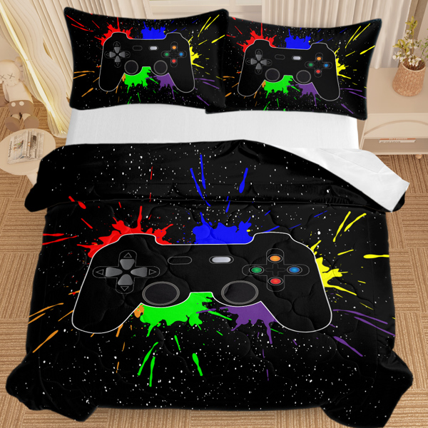 Black Video Game Comforter for Girls Boys Red Blue Green Purple Yellow Ink Game Controller Bedding Boy Bedroom Living Bed Decor (1 Comforter 2 Pillow Shams) Twin Size