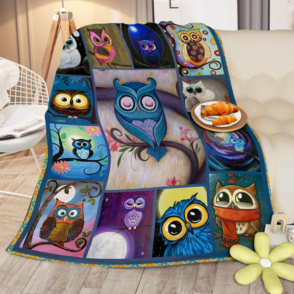 Moon Owl Flannel Fleece Blanket Cozy Fuzzy Warm Flannel Blanket Cute Night Owl Blanket Soft Plush Throw Blanket for Owl Lovers 50*60 Inches