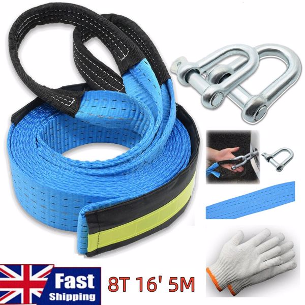 8T 16' 5M Tow Rope Heavy Duty Towing Pull Strap Road Recovery Two Shackles Chain