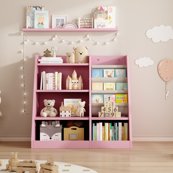 Pink Wooden Toy Storage Organizer Cabinet Kids Bookshelf  Children Bookcase Toddler Baby Sling Book Rack Adjustable Shelf for Playroom Bedroom Nursery Hallway School Kindergarten Living Room