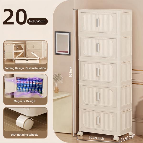 Cream White,19.69" Side Wide Folding Storage Cabinet ,5 Tiers,19.69"×11.81"×50.00",Collapsible Storage Bins with Magnetic Door, Plastic Storage Cabinet with Wheels