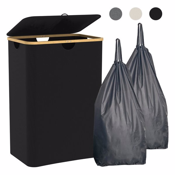 150L Laundry Basket with Lid, Large Double Laundry Hamper with Bamboo Handles, Removable Laundry Bags, 2 Section Dirty Clothes Hamper, Collapsible Towel Basket for Bedroom, Bathroom, Black(FBA)