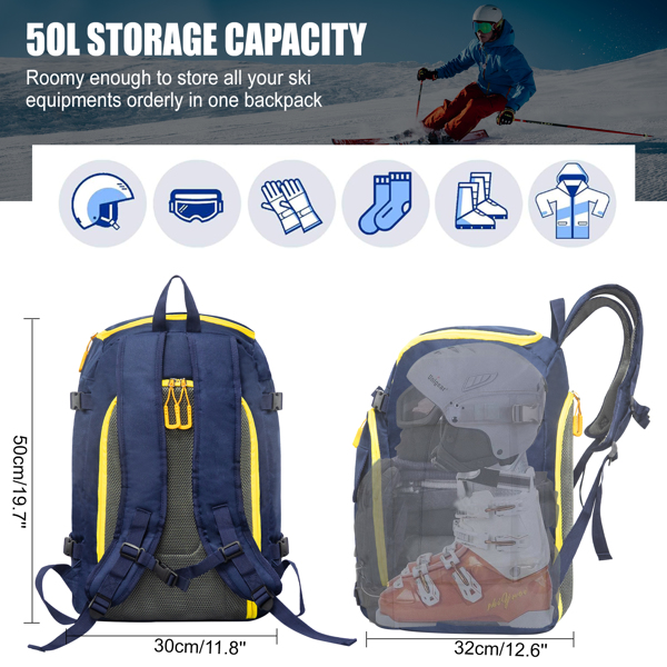 50L Blue Travel Ski Backpack  for ski helmets, goggles, gloves, skis & other accessories（Amazon Shipping）（Prohibited by WalMart）（No shipment on weekends）