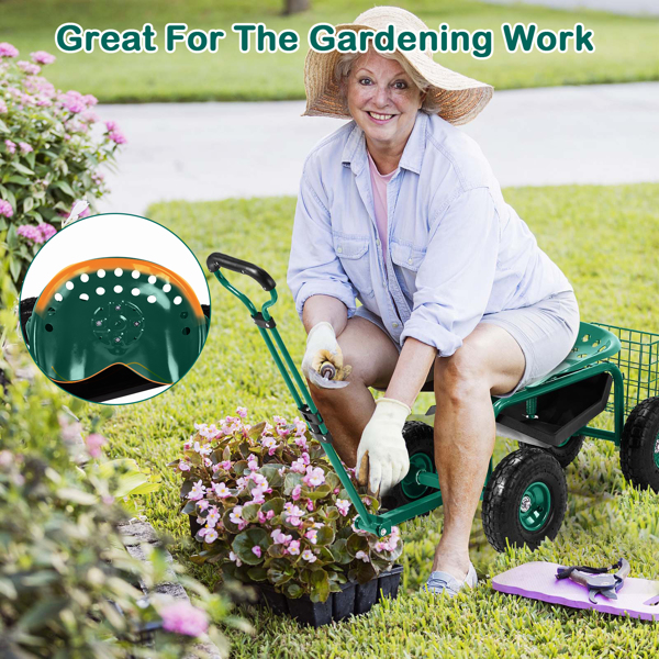 Rolling Garden Work Seat with Wheels, Garden Scooter with 360 Degree Swivel Seat & Extendable Handle & Tool Tray, Gardening Stool for Planting, Green