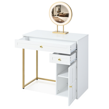 31.5\\'\\' Makeup Vanity Desk with Lighted Mirror, Luxury Dressing Table with 2 Drawers and 1 Cabinet, 3 Lighting Modes Available for Bedroom, White-ld（stool not included）