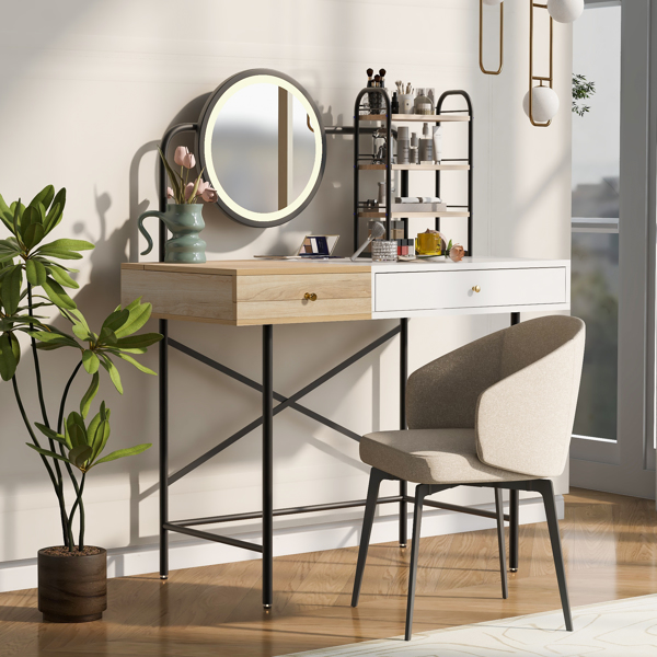 40" Makeup Vanity Desk with 3-Mode Lighted Mirror & Wireless Charging Station , Vanity Table with Drawer & 3 Open Shelves for Ample Storage Space, Dressing Table for Bedroom, White