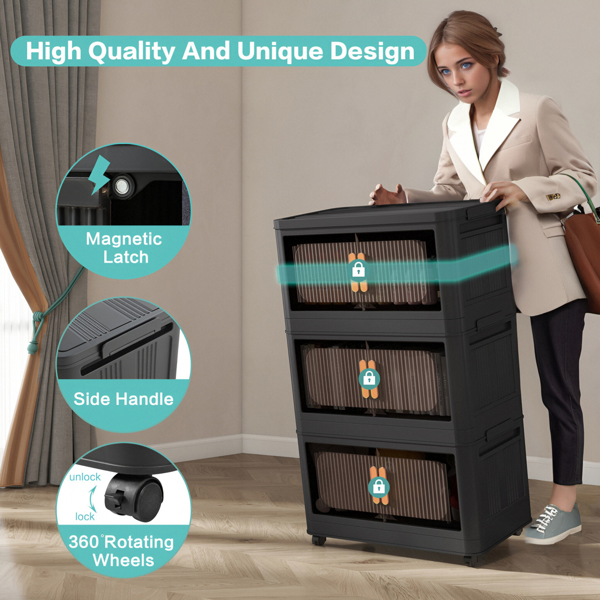 Black,19.69" Side Wide Folding Storage Cabinet ,3 Tiers,19.69"×11.81"×31.10",Collapsible Storage Bins with Magnetic Door, Plastic Storage Cabinet with Wheels