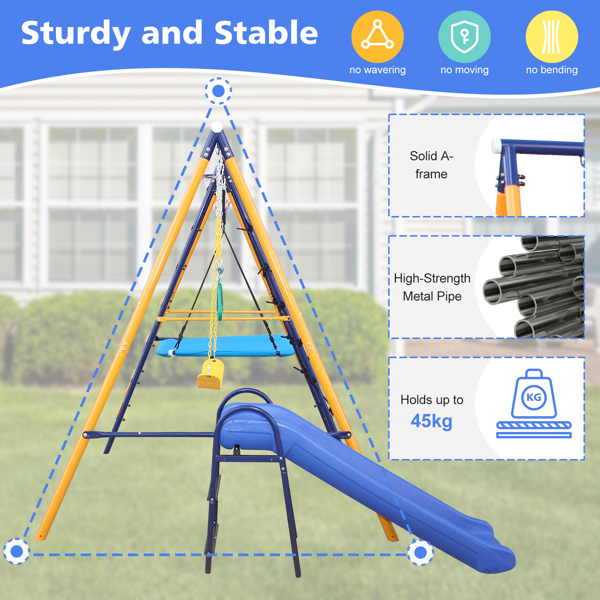 500 lbs 7 in 1 Swing Set for Kids Backyard Outdoor A-Frame Heavy-Duty Metal Swing Sets with Slide, 2 Swing Seats, 1 Climbing Net & Ladder, 1 Gym Ring, 1 Basket